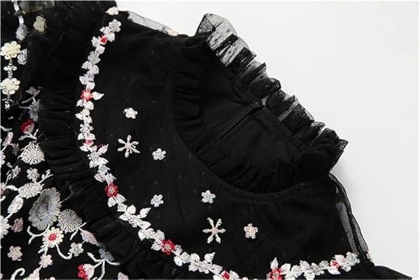 Women's Bohemian Floral Embroidery Maxi Dress Sequins Net Yarn Cascading Ruffle Wedding Guest Dresses