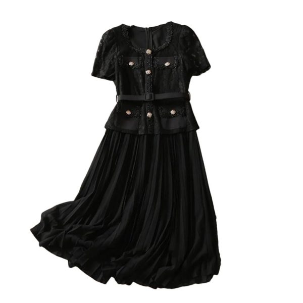 Women Summer Flower Embroidery Lace Chiffon Short Sleeve Single Breasted Midi Long Prom Dress