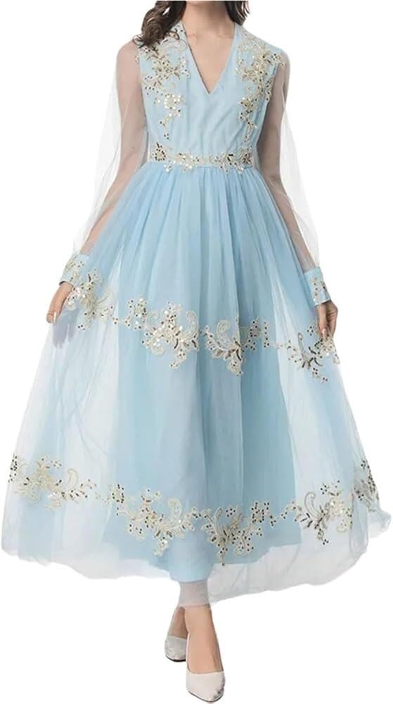 Women's Vintage Floral Embroidery Sequins Net Yarn Dress Flowy Maxi Party Evening Dresses