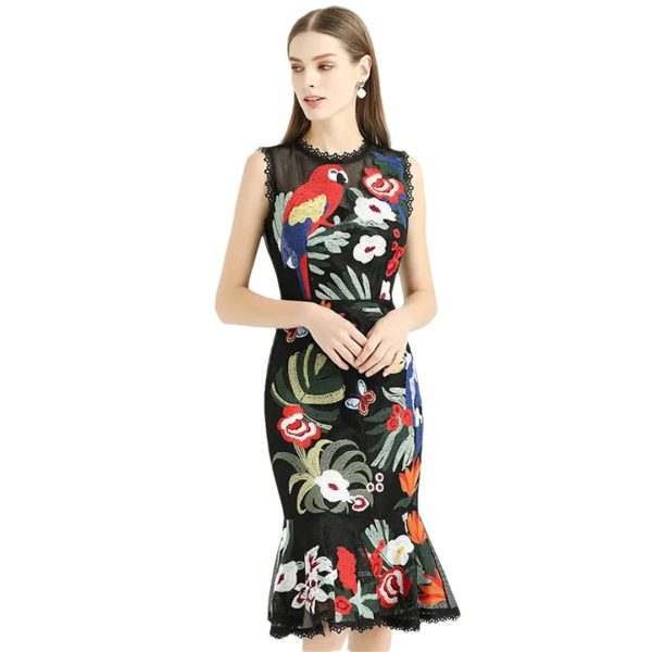 Women Spring Summer Flowers Butterfly Parrot Embroidery Mermaid Dress