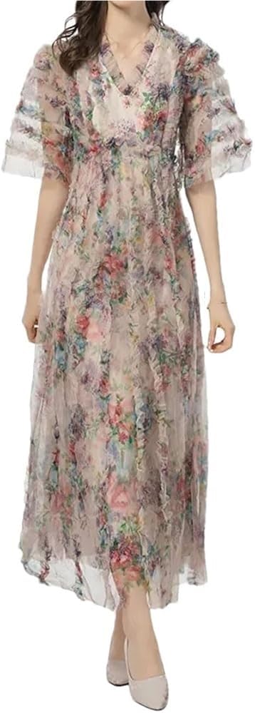 Women's Bohemian Floral Print Summer Beach Wedding Guest Party Dress Cascading Ruffle Net Yarn Maxi Dresses