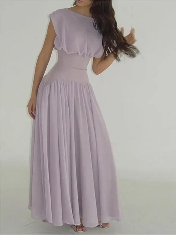 Cap Sleeves Chiffon A Line Long Party Dress for Women O Neck Spring Summer Chic Evening Gowns