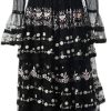 Women's Bohemian Floral Embroidery Maxi Dress Sequins Net Yarn Cascading Ruffle Wedding Guest Dresses