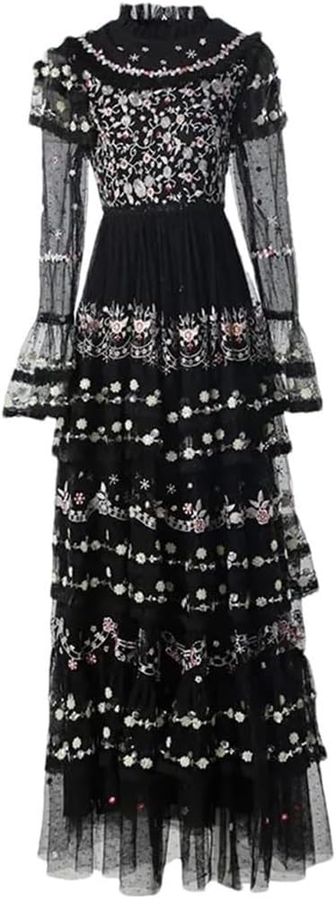 Women's Bohemian Floral Embroidery Maxi Dress Sequins Net Yarn Cascading Ruffle Wedding Guest Dresses