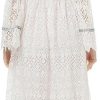 Womens White Lace Maxi Dress Long Sleeve Boho V Neck Flare Sleeve Vintage A Line Dress for Wedding Party Beach