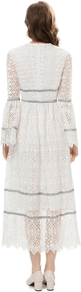 Womens White Lace Maxi Dress Long Sleeve Boho V Neck Flare Sleeve Vintage A Line Dress for Wedding Party Beach