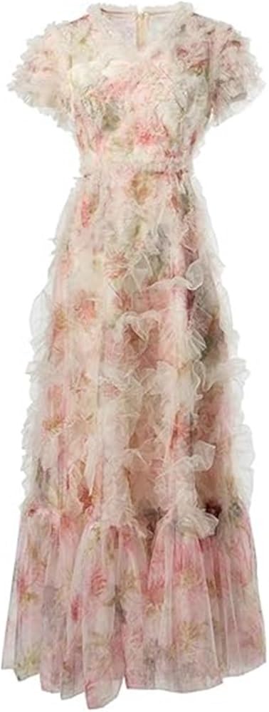 Women's Bohemian Floral Print Beach Dress Ruffle Net Yarn Flutter Cascading Wedding Guest Maxi Dresses