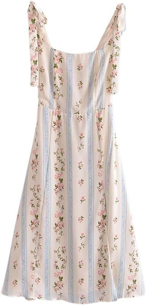 Boho Midi Dress Women Summer Floral Vintage Sleeveless Sundress Lace Up Strapy Slip Dress Beach Party Casual Vestidos