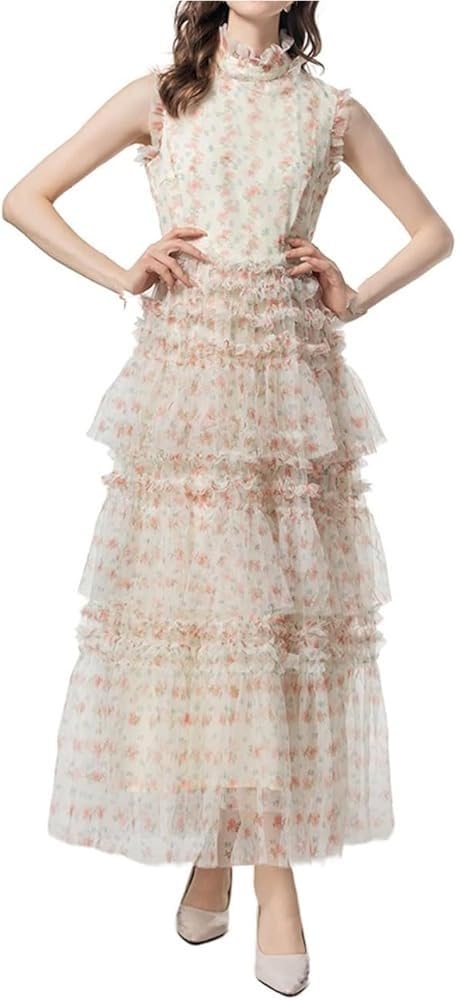 Women's Bohemian Casual Floral Print Dress Cascading Ruffle Net Yarn Sleeveless Summer Beach Dresses
