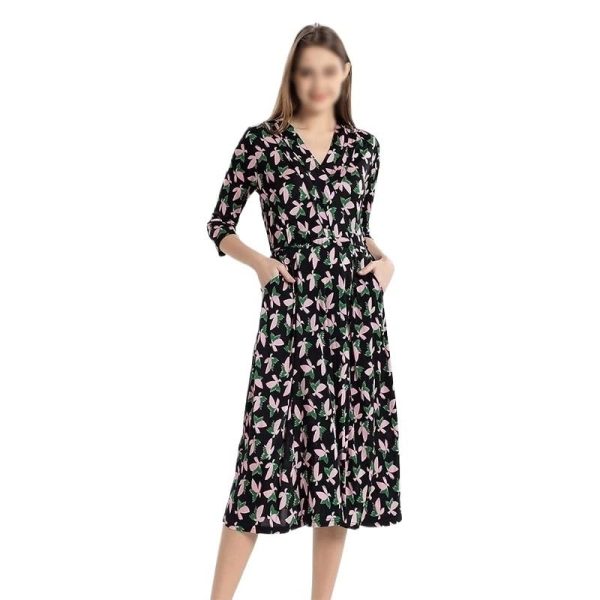 French Style Women's Floral Three-Quarter Sleeve Dress Vneck Silk Long Dress for Casual Outings, Beach Vacations