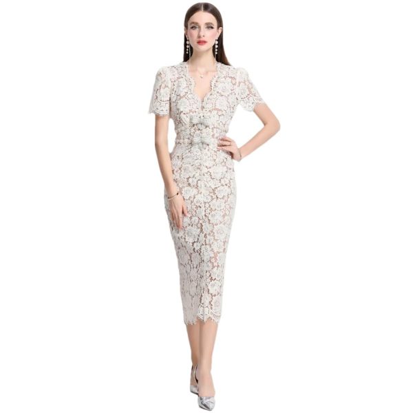 Women Summer Elegant Short Sleeve Hollow Out Pearl Embroidery Midi Long Lace Evening Formal Dress