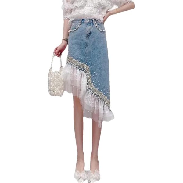 Heavy Industry Pearl Beading Lace Splicing Irregular Hem Jean Skirt Women Summer Korea Denim Skirt
