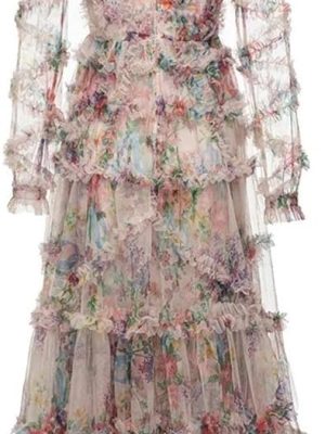 Women's Floral Print Holiday Party Dresses Petal Sleeve Crinkle Irregular Lace Sexy Maxi Dress