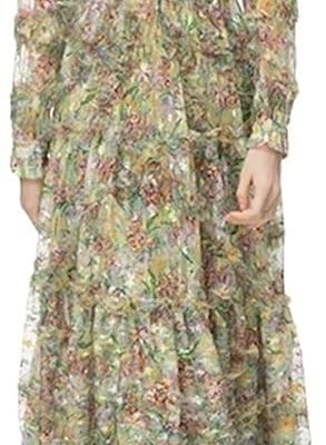 Women's Floral Patchwork Dress Round Neck Sheer Long Sleeve Mesh Layered Boho Chic Maxi Dress