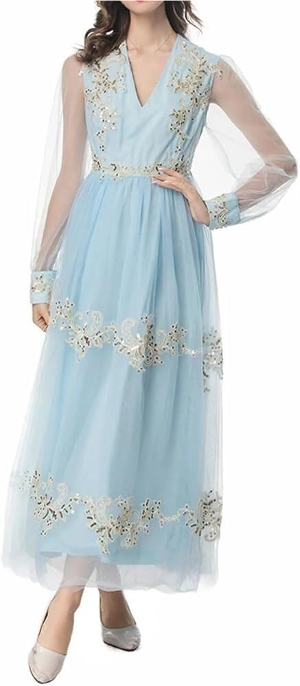 Women's Vintage Floral Embroidery Sequins Net Yarn Dress Flowy Maxi Party Evening Dresses