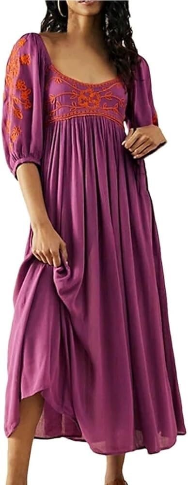 Embroidered Bohemian Midi Dress Women Deep Collar Backless Vacation Beach Dresses for Summer Casual Outfits