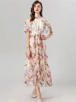 Women Summer Flare Sleeved Slim Waist Edible Tree Fungus Edge Elegant Print Bohemian Holiday Dress