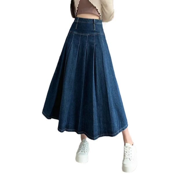 Women Pleated Jeans Skirts Vintage High Waist Long Washing Straight Loose Denim Midi Skirts