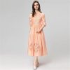 Women Stand-Up Collar Lantern Three Sleeved Lace-Up Mesh Hollow Out Fringed Bohemian Dress