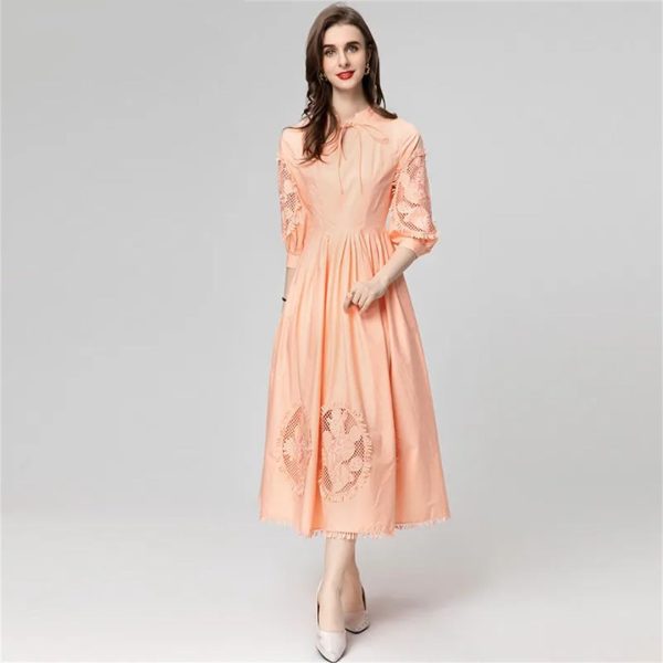 Women Stand-Up Collar Lantern Three Sleeved Lace-Up Mesh Hollow Out Fringed Bohemian Dress