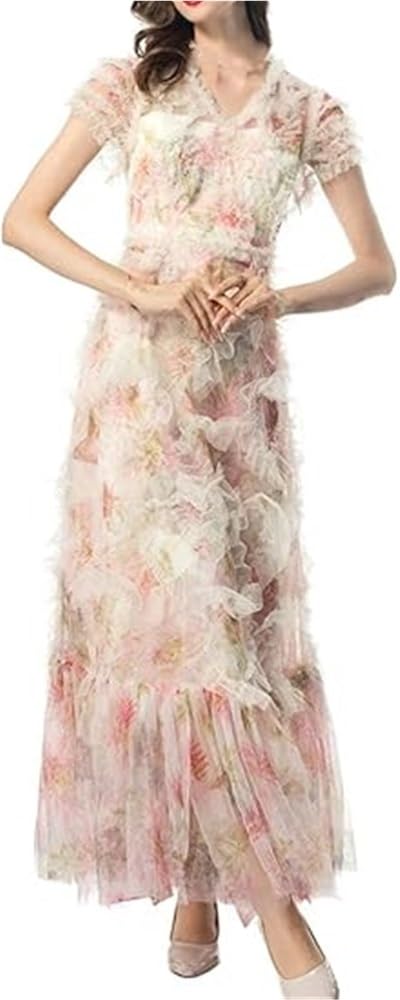 Women's Bohemian Floral Print Beach Dress Ruffle Net Yarn Flutter Cascading Wedding Guest Maxi Dresses