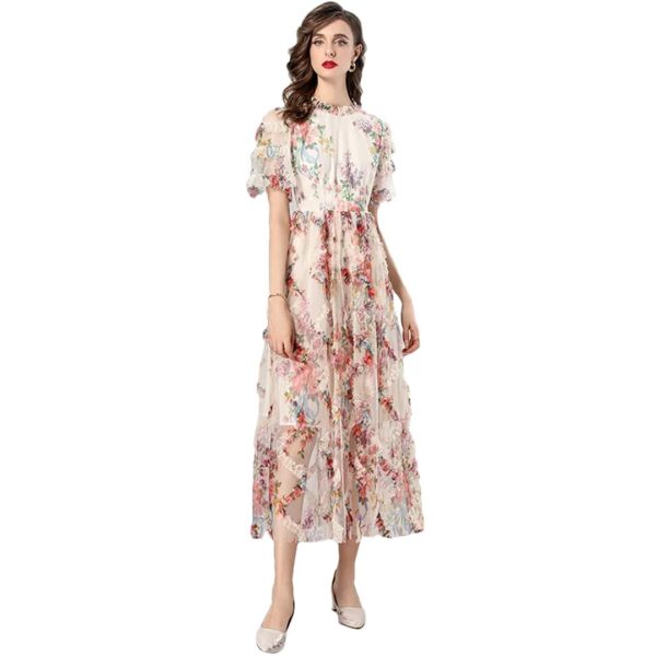 Women Summer Flare Sleeved Slim Waist Edible Tree Fungus Edge Elegant Print Bohemian Holiday Dress