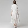 Women Stand-Up Collar Lantern Three Sleeved Lace-Up Mesh Hollow Out Fringed Bohemian Dress