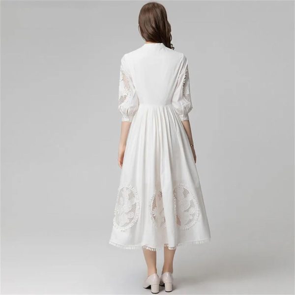 Women Stand-Up Collar Lantern Three Sleeved Lace-Up Mesh Hollow Out Fringed Bohemian Dress