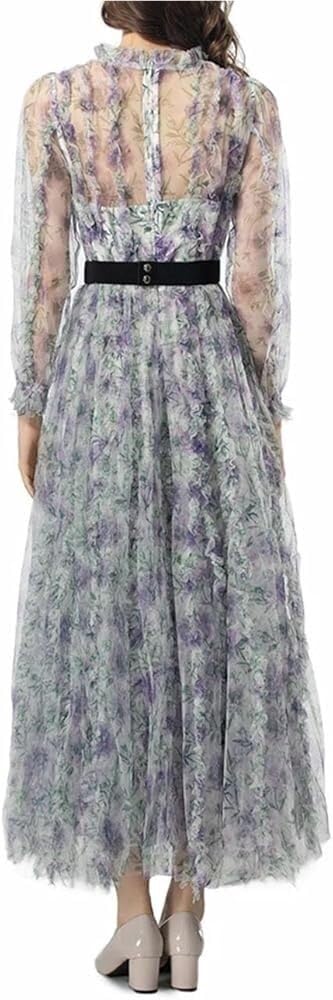 Women's Bohemian Dress Floral Print Net Yarn Ruffles Nail Bead Maxi Casual Party Dress