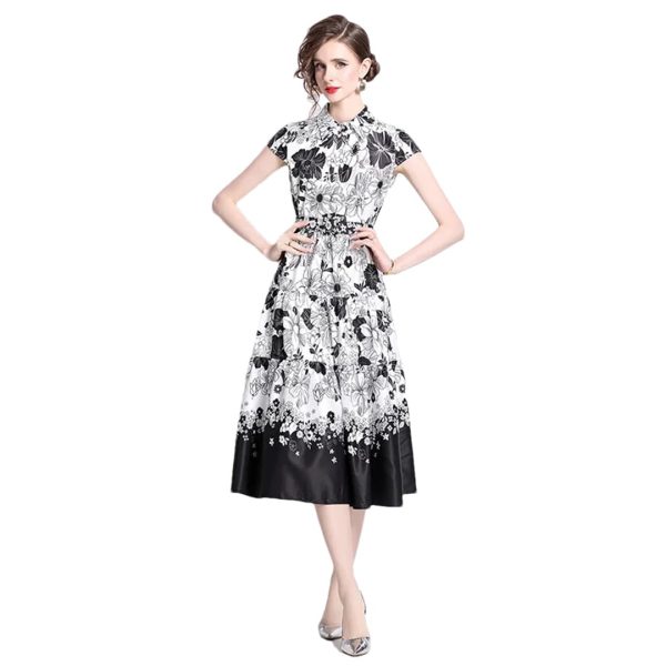 Women's Summer Autumn Elegant Flower Shirt Short Sleeve Belt Office Long Floral Print Midi Dress