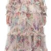 Women's Floral Print Holiday Party Dresses Petal Sleeve Crinkle Irregular Lace Sexy Maxi Dress