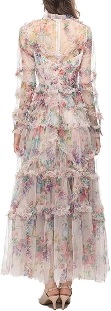 Women's Floral Print Holiday Party Dresses Petal Sleeve Crinkle Irregular Lace Sexy Maxi Dress