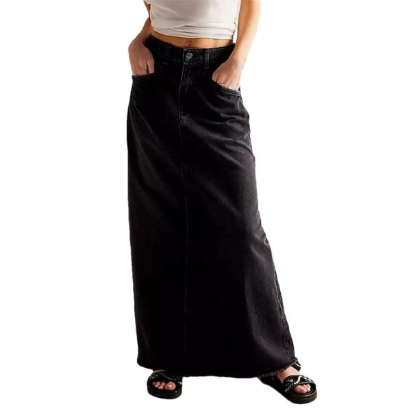 Women Vintage Denim Skirt High Waist A Line Long Wrap Hip Skirt Button Casual
