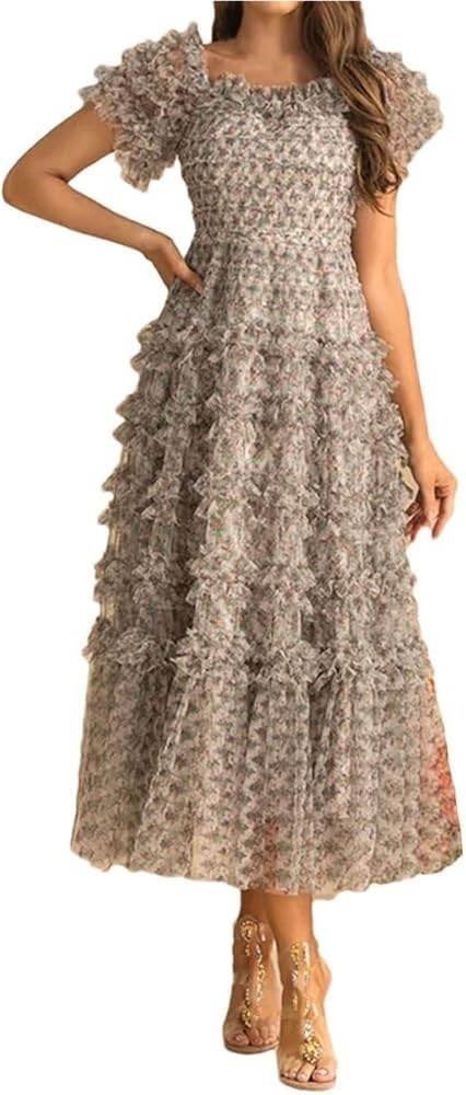 Women's Bohemian Summer Holiday Dress Short Sleeve Square Neck Large Swing Party Maxi Dresses