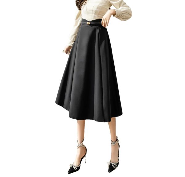 Women's High Waist A-Line Skirt with Belt Office Work OL Big Swing Midi Skirts