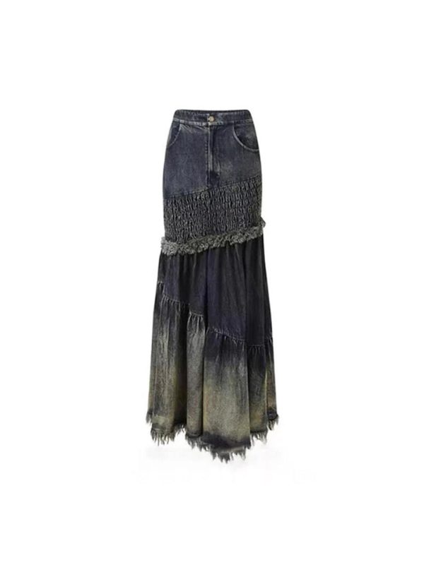 Women High Waist Spliced Button Streetwear Long Skirts Patchwork Tassel Elegant Denim Skirts