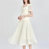 Women Summer Flower Embroidery Lace Chiffon Short Sleeve Single Breasted Midi Long Prom Dress