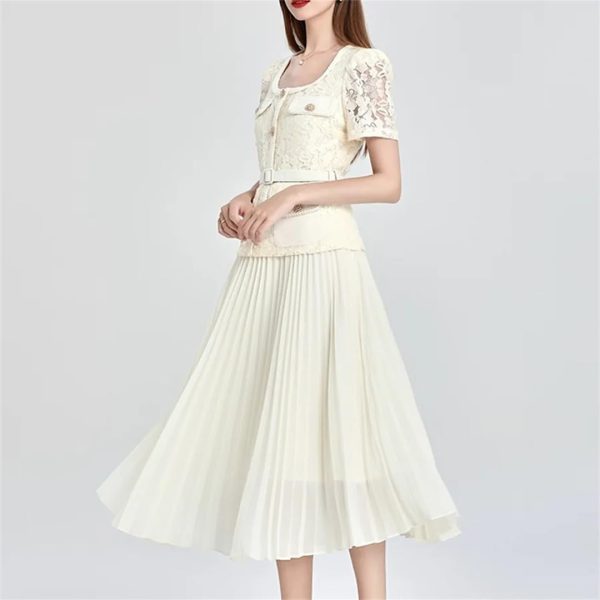 Women Summer Flower Embroidery Lace Chiffon Short Sleeve Single Breasted Midi Long Prom Dress