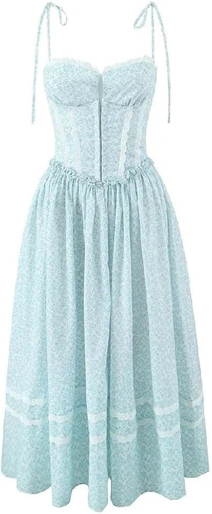 Women Slim Fit Sexy Corset Style Midi Dress Floral Covered Hook Button Spliced Lace Low Waist Party A-Line Long Sling Dress