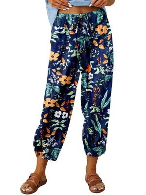 Cotton Casual Capri for Women Elastic High Waisted Loose Lantern Tapered Harem Pants with Pockets