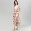 Women Summer Flare Sleeved Slim Waist Edible Tree Fungus Edge Elegant Print Bohemian Holiday Dress