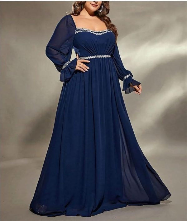 Women's Plus Size Elegant Maxi Dress for Formal Event Sequined Ribbon Pleated Chiffon Party Dress
