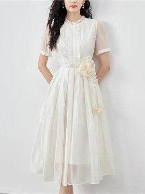 Vintage French Style A-Line Dress for Women Summer Solid Mesh Short Sleeve Long Dress Casual Boho Maxi Dress(Small)
