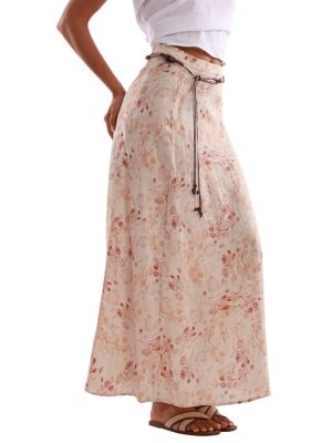 Women's 100% Linen A-line Maxi Skirt with Matching Belt Summer Casual