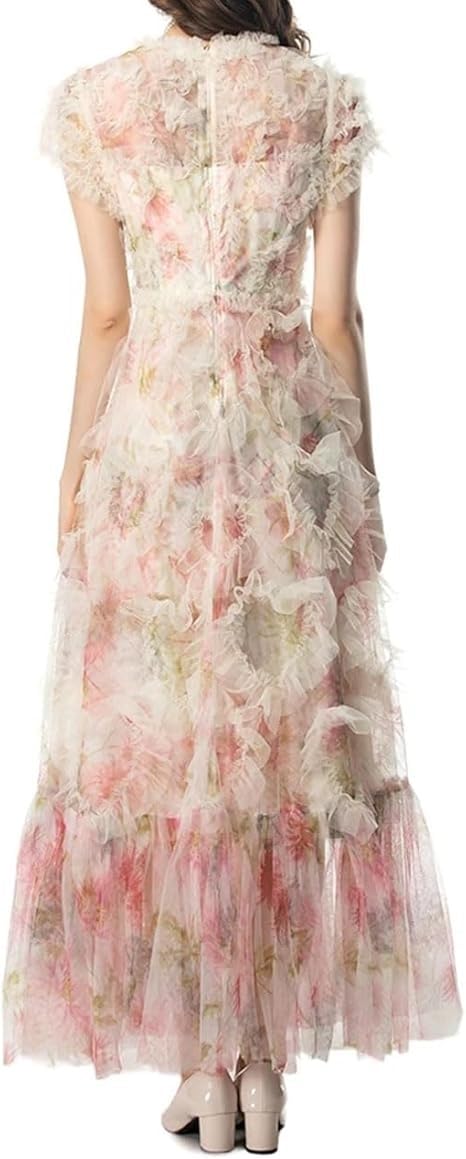 Women's Bohemian Floral Print Beach Dress Ruffle Net Yarn Flutter Cascading Wedding Guest Maxi Dresses