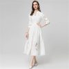 Women Stand-Up Collar Lantern Three Sleeved Lace-Up Mesh Hollow Out Fringed Bohemian Dress