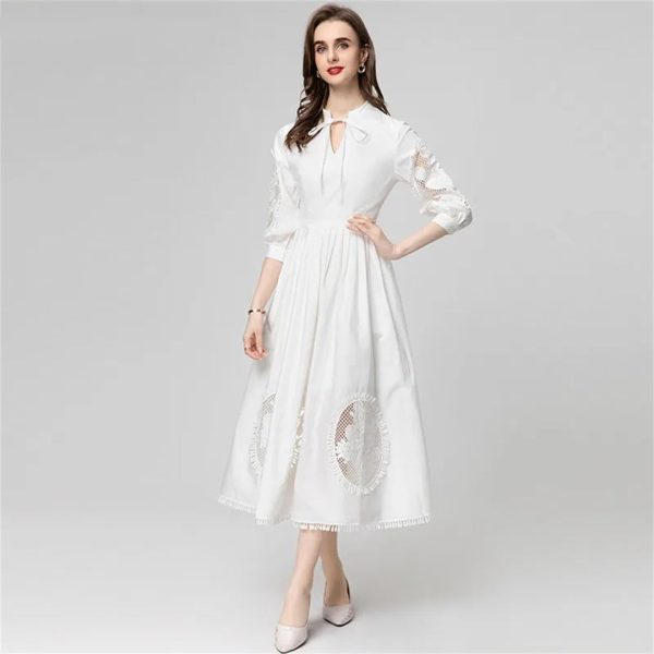 Women Stand-Up Collar Lantern Three Sleeved Lace-Up Mesh Hollow Out Fringed Bohemian Dress