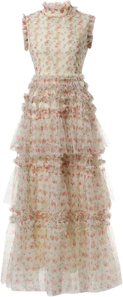 Women's Bohemian Casual Floral Print Dress Cascading Ruffle Net Yarn Sleeveless Summer Beach Dresses