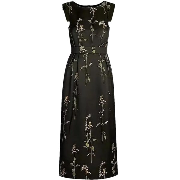 Women Spring Summer O-Neck Sleeveless Embroidery Commuter Office Pretty Slim Dress