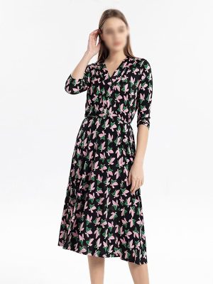 French Style Women's Floral Three-Quarter Sleeve Dress Vneck Silk Long Dress for Casual Outings, Beach Vacations